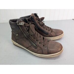 Remonte Brown Leather High Top Sneakers Sz 38 Side Zip Fleece Lined 8909200845